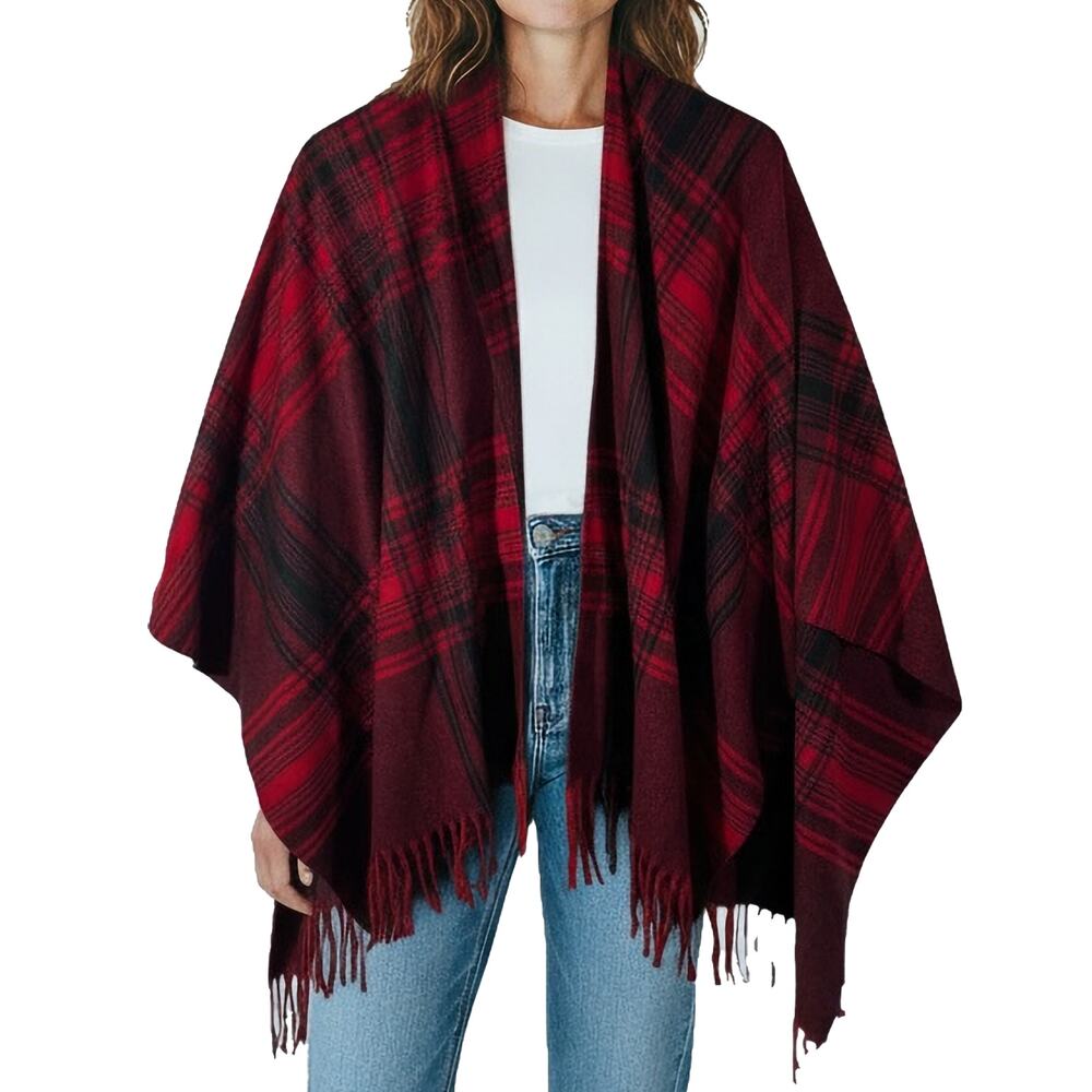 Belle by Kim Gravel Plaid Ruana L Red Black Fringe Poncho Wrap Cape Cozy Fall